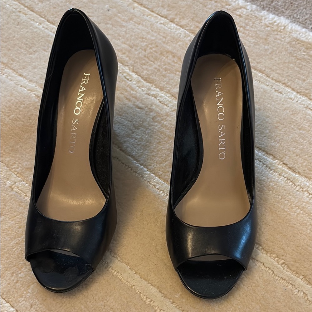 Franco Sarto Black Leather peep toe wedge Heels- size 5 - worn once